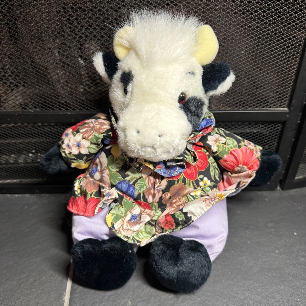 Vintage 1991 PCI Plush Cow‎ Floral Shirt Lavender Pants Stuffed Animal 11 inch